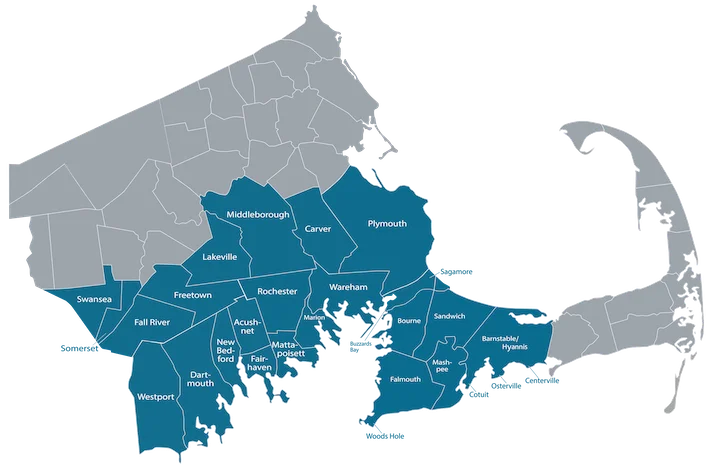 Map of southeastern Massachusetts with the DG Service Company service area highlighted in blue